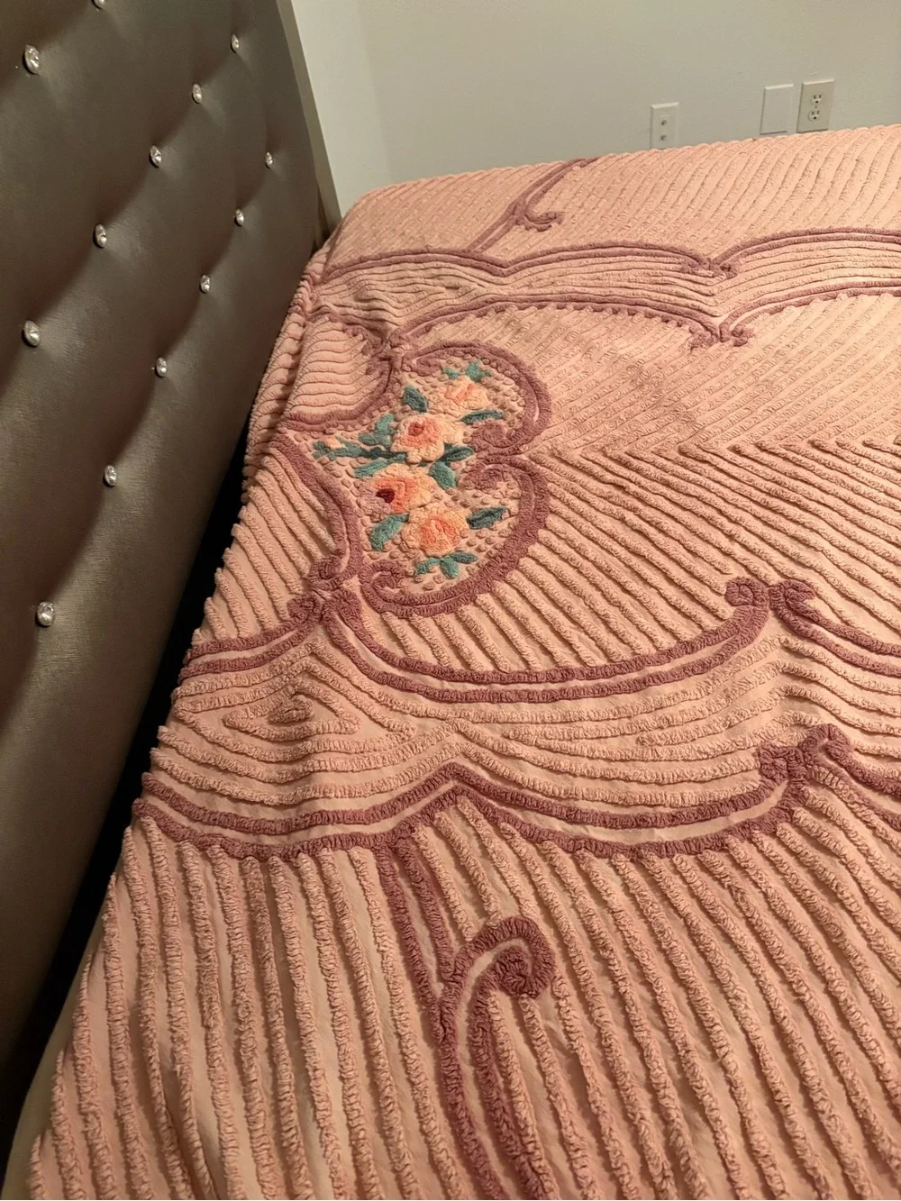 Rare Vintage Retrac Chenille Pair of Bedspreads Peach Floral Scrollwork
